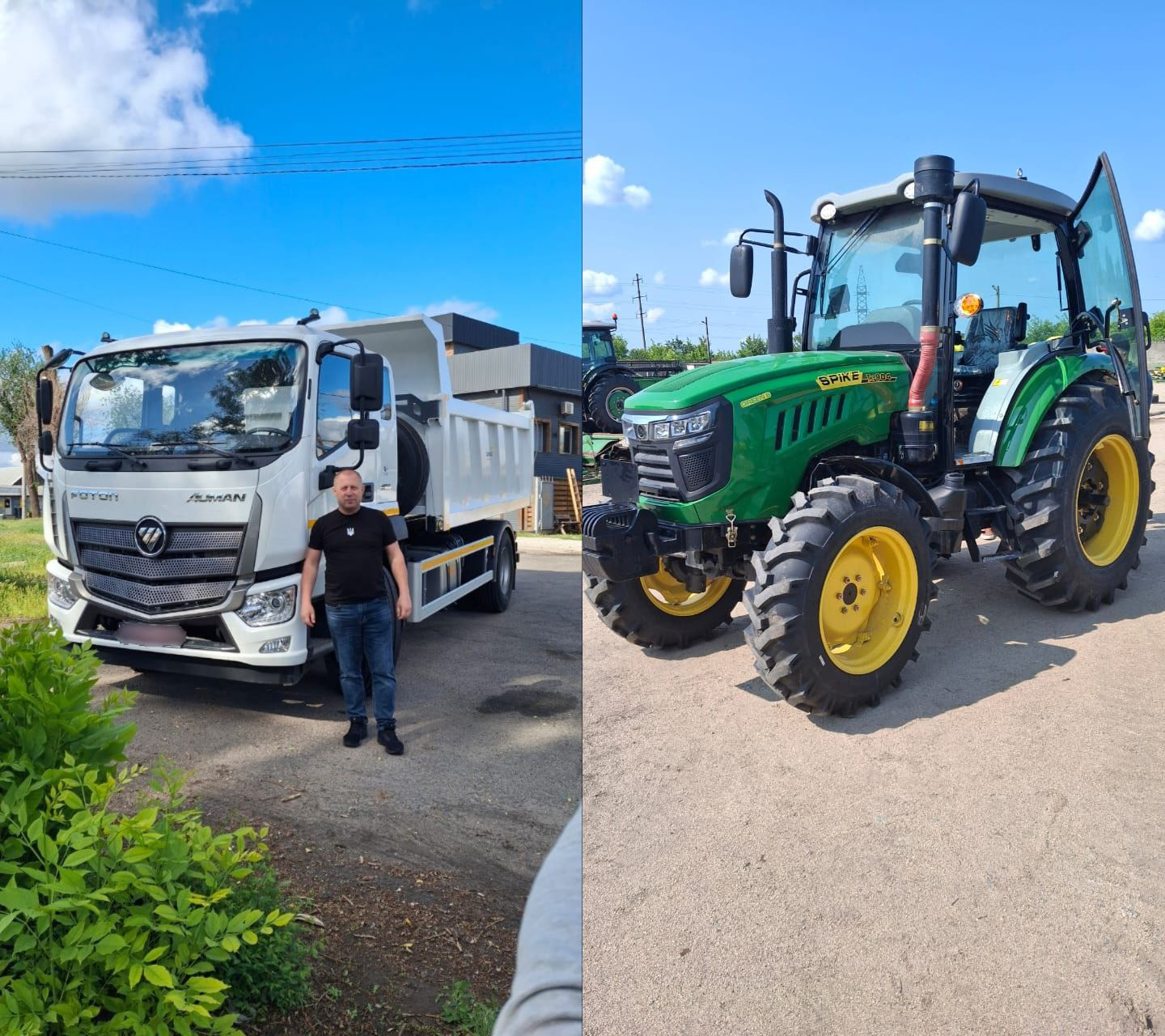 Колаж: ліворуч — чоловік стоїть поруч із білою вантажівкою-самоскидом Foton; праворуч — сучасний зелений трактор Spike на майданчику під відкритим небом.