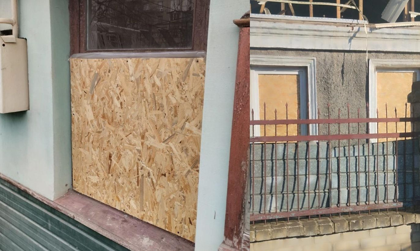 Колаж із двох зображень, що демонструють пошкоджені будинки: на лівій частині велике вікно закрито листом OSB-плити, на правій частині видно два вікна старої будівлі, також закриті фанерою або плитами, за якими розташована металева огорожа. Це типові ознаки захисту або ремонту пошкоджень від обстрілів.