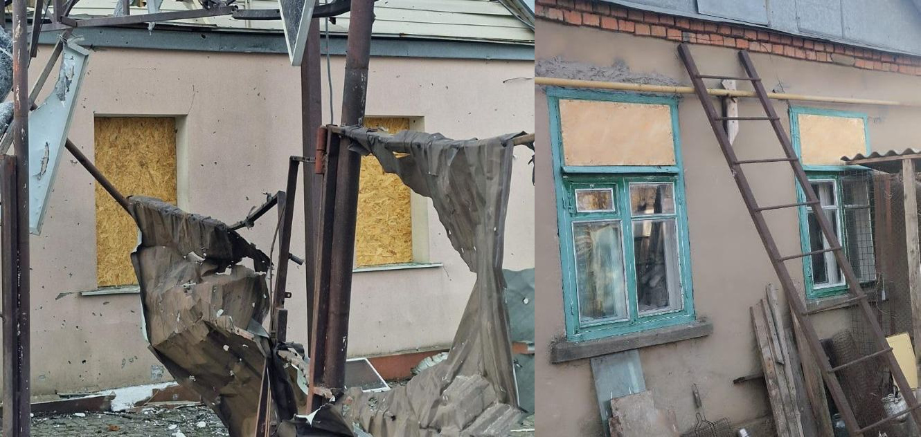 Колаж із двох зображень пошкоджених будівель: на лівій частині видно фасад зі закритими фанерою вікнами та пошкодженими уламками металу (можливо, даху чи конструкції) на передньому плані. На правій частині — частина стіни з двома вікнами (одне з яких також частково закрите фанерою) та металевою драбиною, приставленою до стіни.