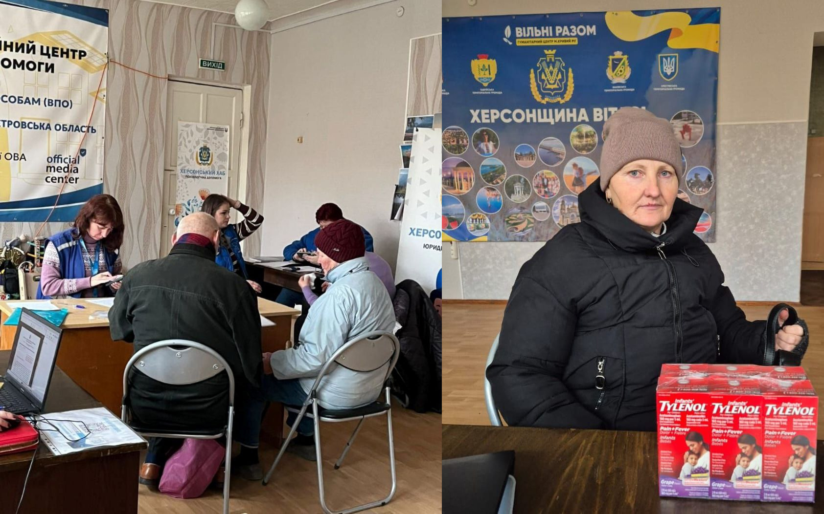 На двокольоровій фотографії-колажі жінка у темному пуховику та шапці сидить за столом поруч із коробкою ліків Tylenol (праворуч), а на задньому плані видно банер Херсонщина вітає, тоді як ліворуч люди отримують допомогу та заповнюють документи в імпровізованому пункті.
