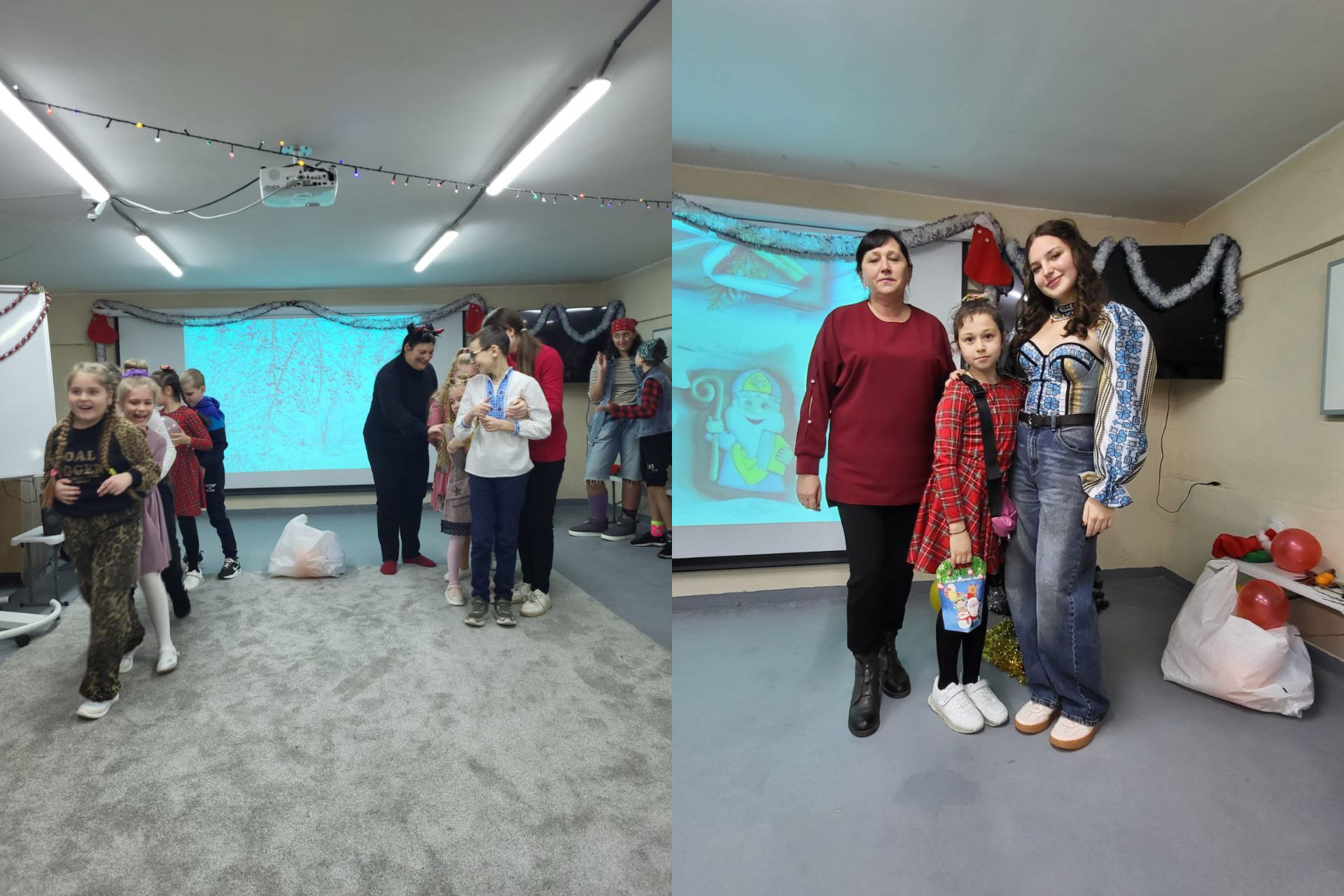Два знімки, об'єднані горизонтально, зі святкового заходу в приміщенні. Ліворуч: група дітей та дорослих стоять у черзі на килимі під гірляндами. Праворуч: жінка в бордовому светрі та дві дівчинки, одна з яких одягнена у вишиванку, стоять перед екраном із зображенням, схожим на різдвяну ілюстрацію.