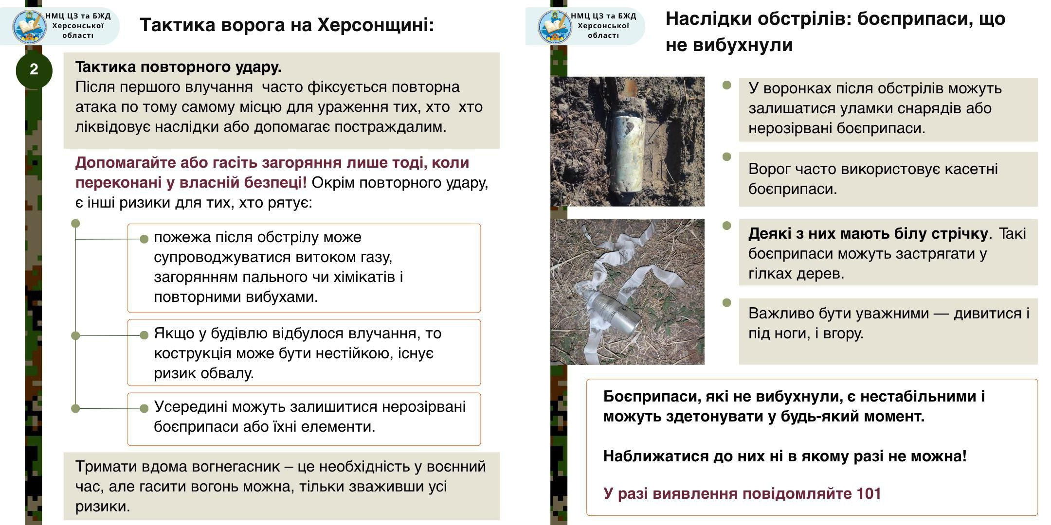 Колаж із двох інформаційних плакатів від НМЦ ЦЗ та БЖД Херсонської області. Лівий плакат описує Тактику повторного удару та пов'язані з цим ризики. Правий плакат містить інформацію про Наслідки обстрілів: боєприпаси, що не вибухнули, з фотографіями уламків і стрічок від касетних боєприпасів та закликом повідомляти 101.