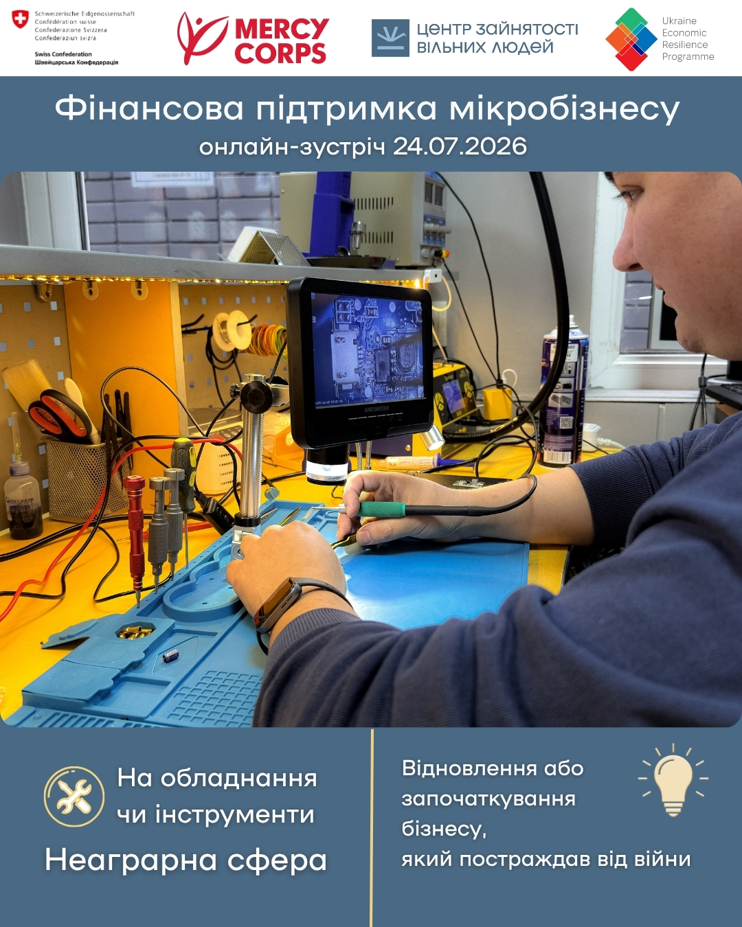 Інформаційно-анонсовий банер програми грантової допомоги для дрібних підприємців. Візуальна структура складається з трьох горизонтальних частин: верхнього блоку з логотипами, центрального фото та нижнього інформаційного блоку. Загальне тло плаката має глибокий сіро-синій колір.
