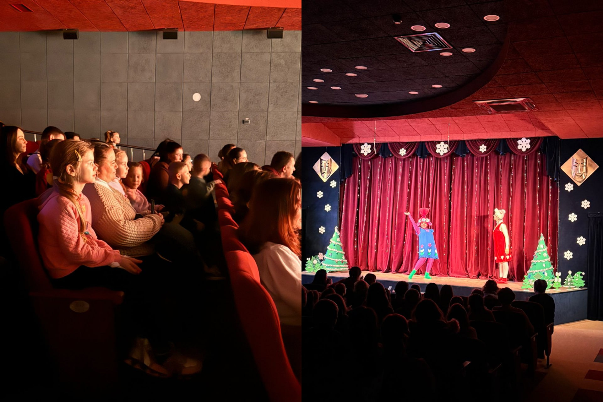 Колаж із двох фотографій: ліворуч — діти та дорослі у глядацькій залі театру з цікавістю спостерігають за виставою; праворуч — вид на освітлену сцену з червоною завісою, де двоє артистів у яскравих казкових костюмах виступають перед аудиторією.