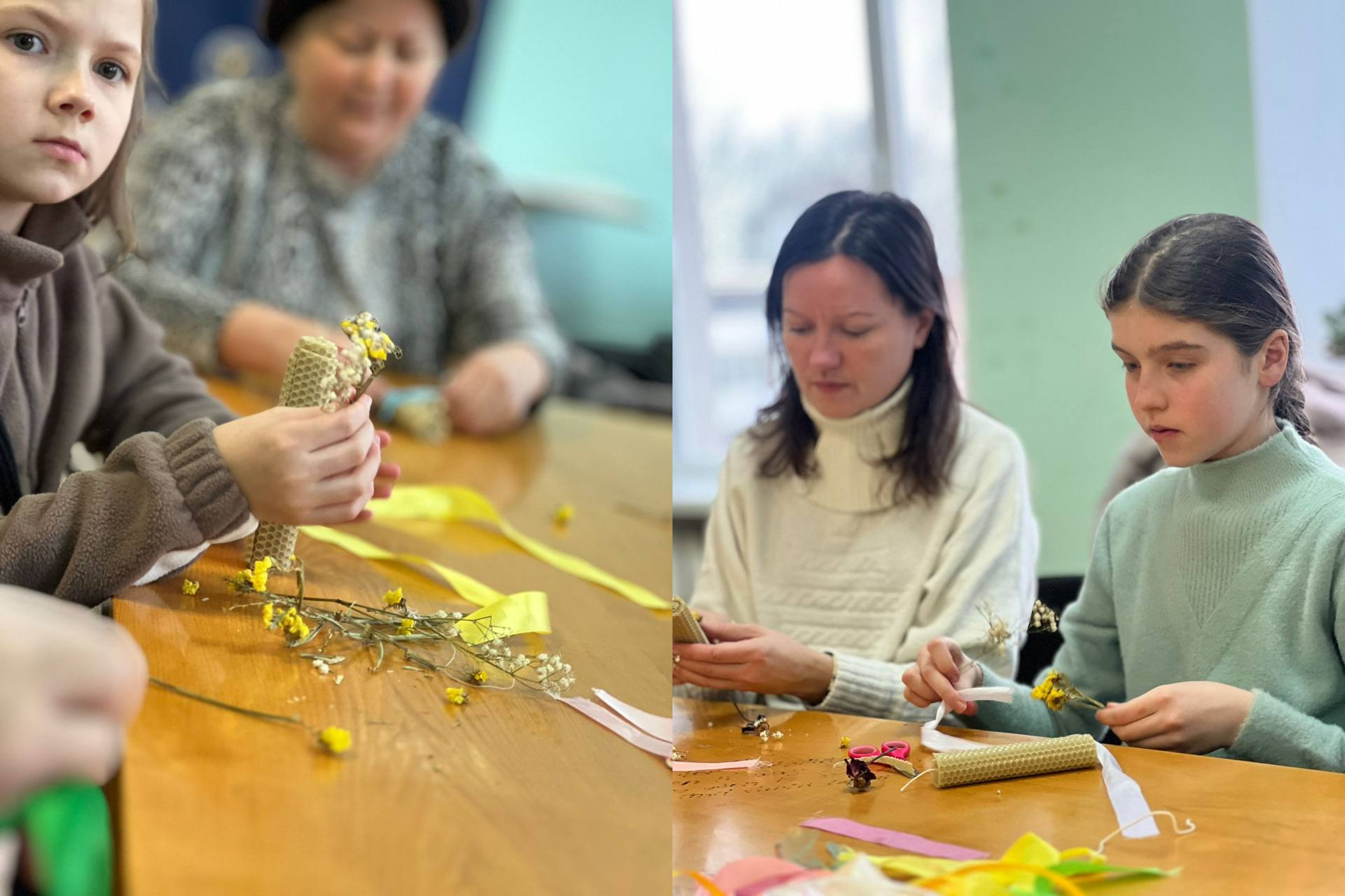 Колаж із двох фотографій, на яких діти та дорослі займаються творчістю за столом. Вони виготовляють декоративні свічки з вощини, прикрашаючи їх сухоцвітами та кольоровими стрічками.