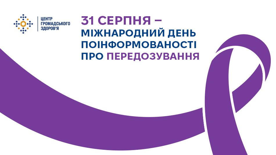 Інформаційний банер на білому фоні з фіолетовою стрічкою — символом обізнаності. Зліва розміщено логотип Центру громадського здоров’я, а в центрі — напис: «31 серпня — Міжнародний день поінформованості про передозування».