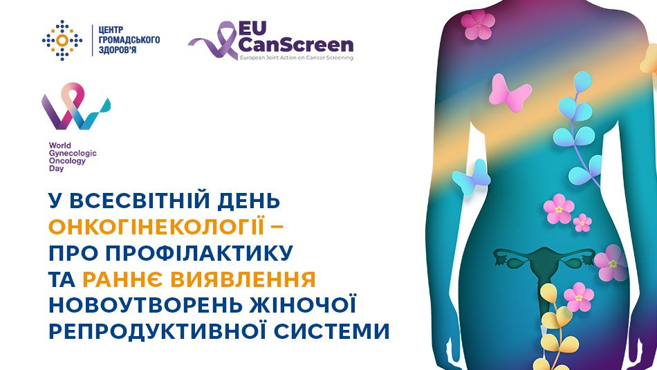 Інформаційний банер до Всесвітнього дня онкогінекології, присвячений профілактиці та ранньому виявленню новоутворень жіночої репродуктивної системи. На білому фоні зображено стилізований силует жінки, прикрашений квітами та метеликами, із акцентом на органи репродуктивної системи.