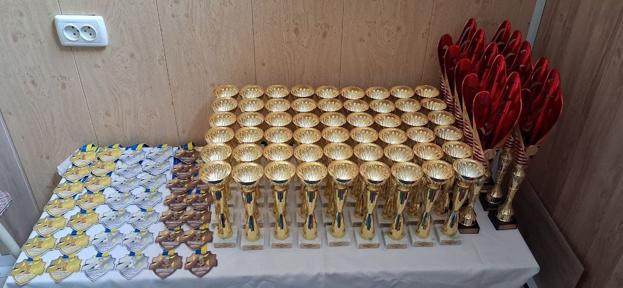 Спортивні нагороди, розкладені на столі для церемонії нагородження: ряди золотистих кубків, медалі на синьо-жовтих стрічках та нагороди з червоними елементами.