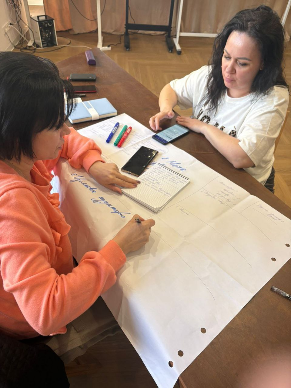 Дві жінки сидять за дерев'яним столом і працюють над спільним проєктом. Одна з них робить записи на великому аркуші паперу, а інша спостерігає. На столі лежать блокноти, маркери та смартфони.