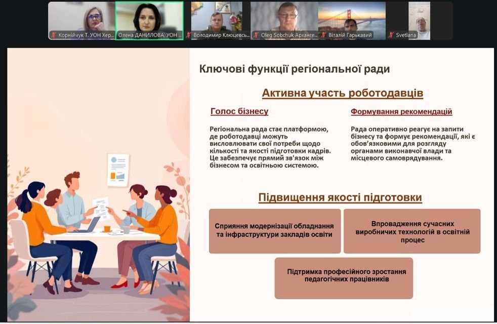 Скриншот онлайн-презентації про функції регіональної ради. На слайді описано роль бізнесу та підвищення якості освіти, доповнено ілюстрацією наради та вікнами учасників зверху.