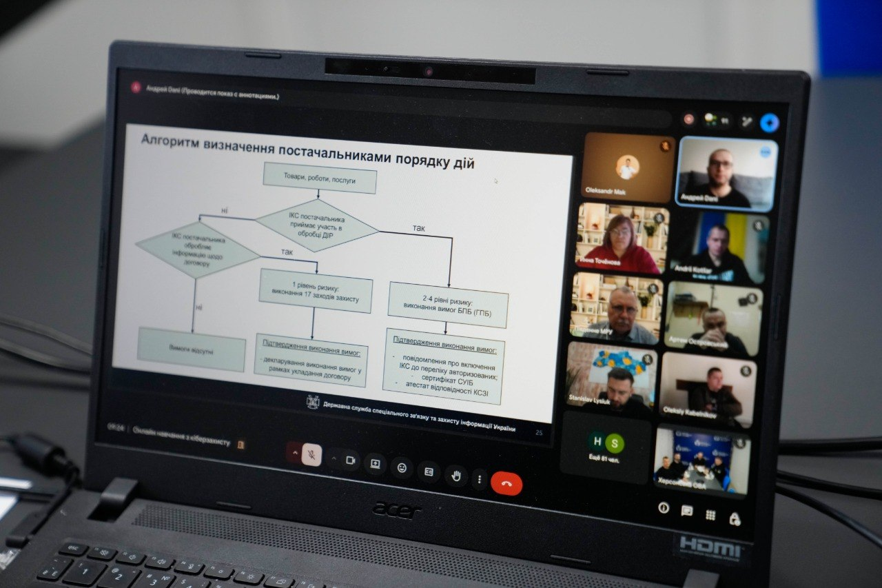 Екран ноутбука з онлайн-нарадою. На екрані відображено слайд із блок-схемою алгоритму дій для постачальників та вікна з учасниками відеозустрічі.