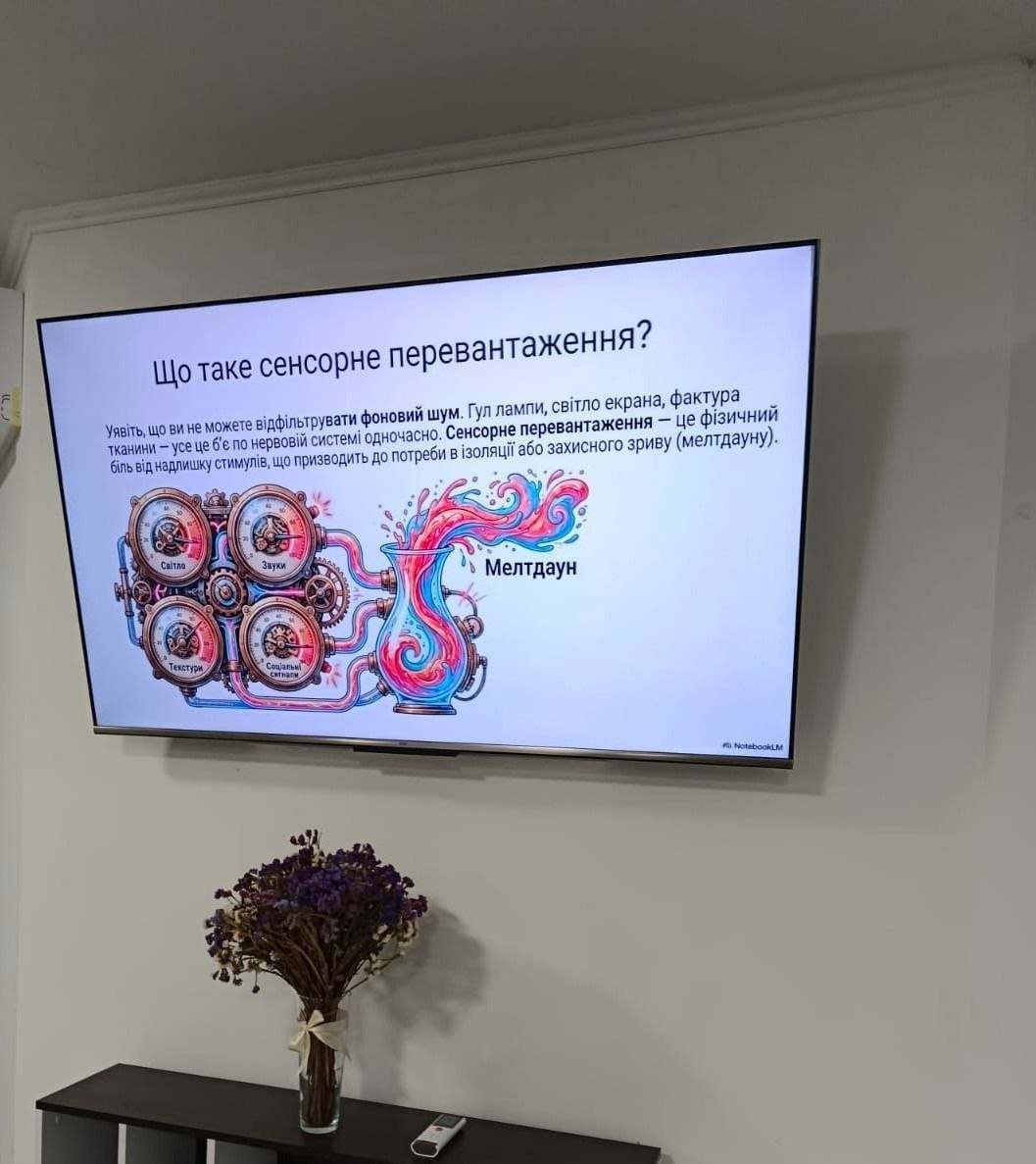 Монітор на стіні з презентацією про сенсорне перевантаження та ілюстрацією «мелтдауну». Під ним стоїть ваза з сухоцвітами.