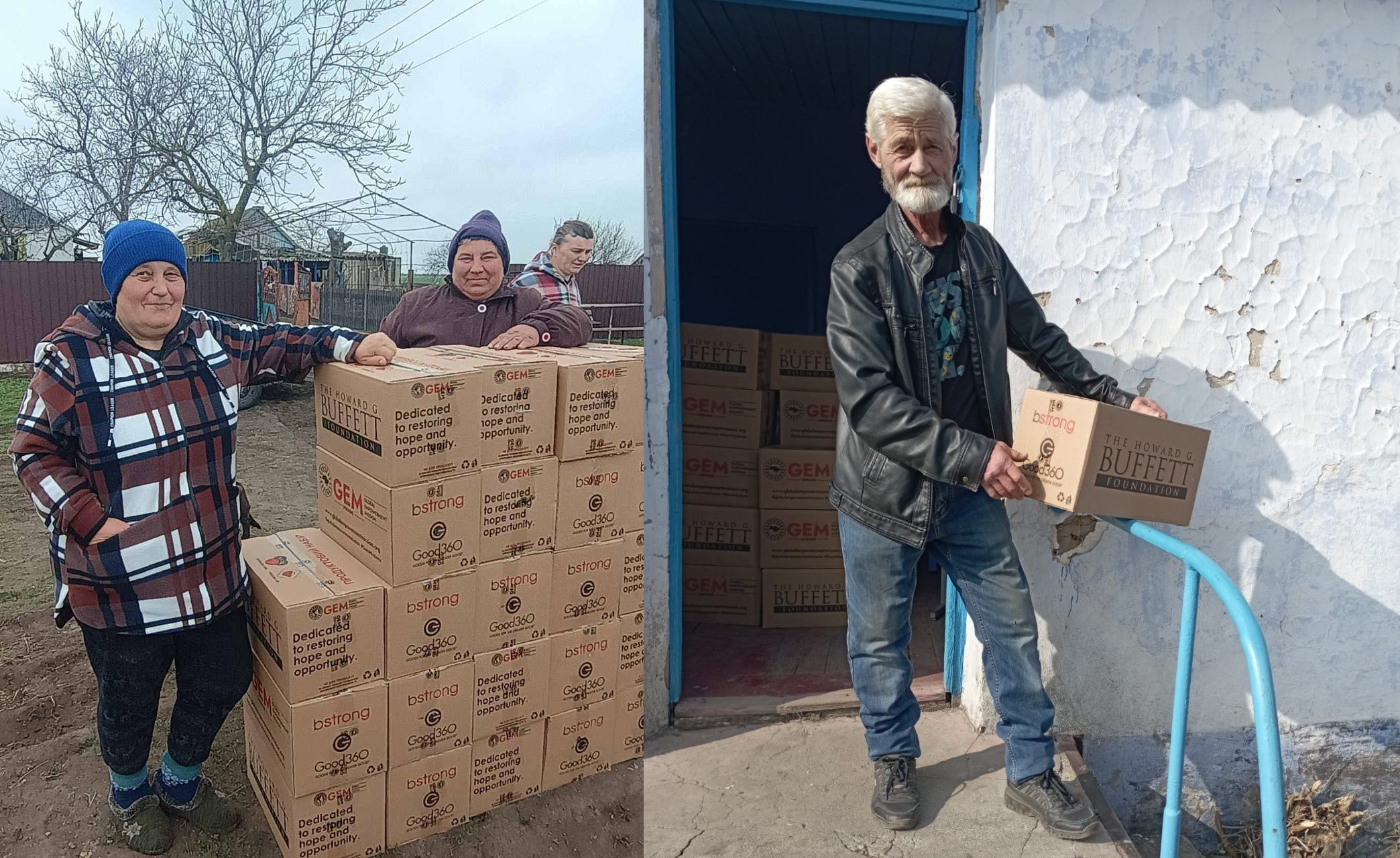 Люди отримують гуманітарну допомогу: жінка стоїть біля високої стопки коробок, а чоловік виносить такий же ящик із будівлі. На картонних коробках видно логотипи благодійних організацій.