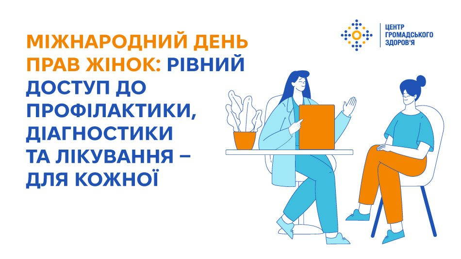 Інформаційний плакат Центру громадського здоров’я до Міжнародного дня прав жінок. На ілюстрації лікарка консультує пацієнтку, а текст наголошує на рівному доступі до профілактики, діагностики та лікування для кожної жінки.