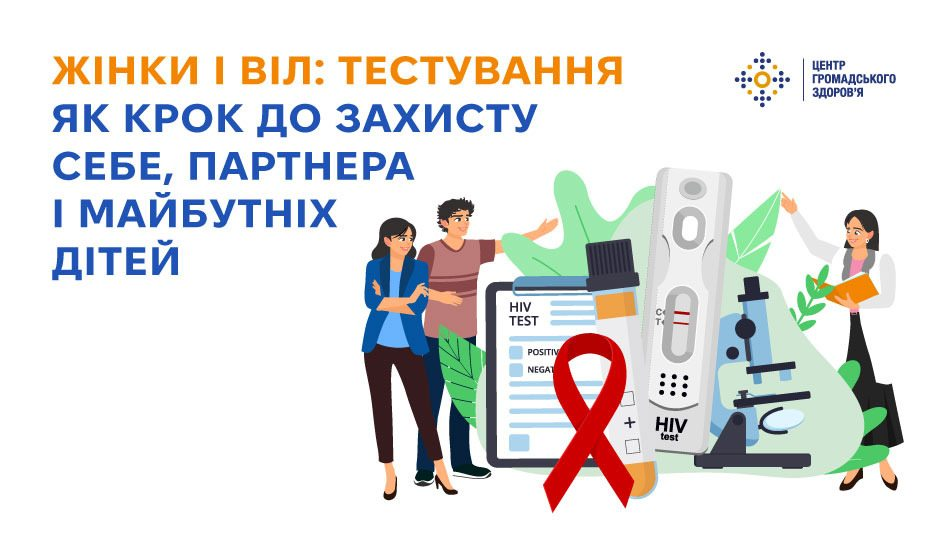 Інформаційний плакат ЦГЗ про важливість тестування жінок на ВІЛ. На ілюстрації зображені люди, червона стрічка, експрес-тест та мікроскоп під гаслом: «Тестування як крок до захисту себе, партнера і майбутніх дітей».