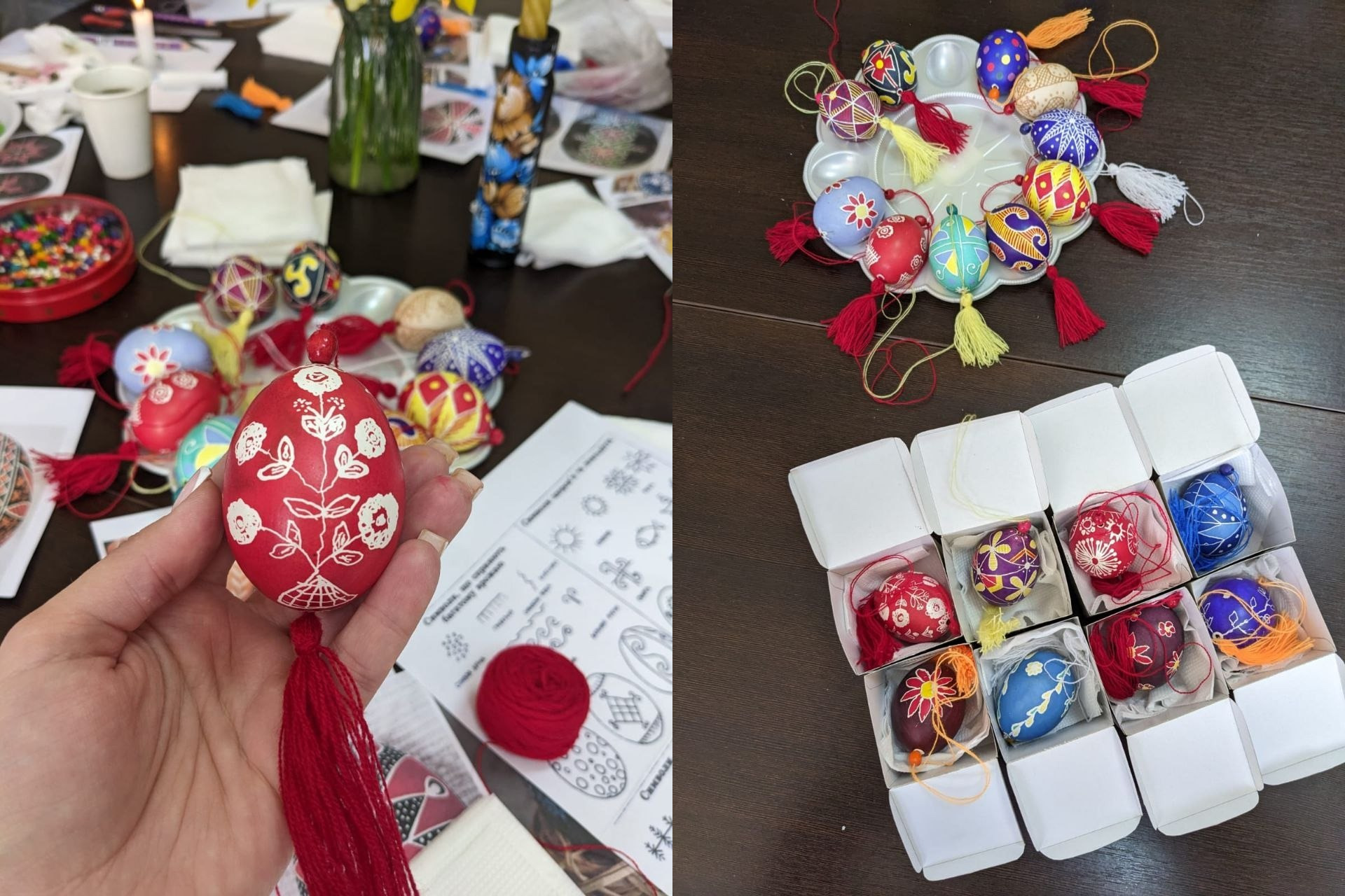 Колаж із двох фото, що демонструє результати майстер-класу: рука тримає червону писанку з білим квітковим орнаментом і червоною китицею; поруч — набір різнокольорових розписаних яєць у паперових комірках та на тарелі.
