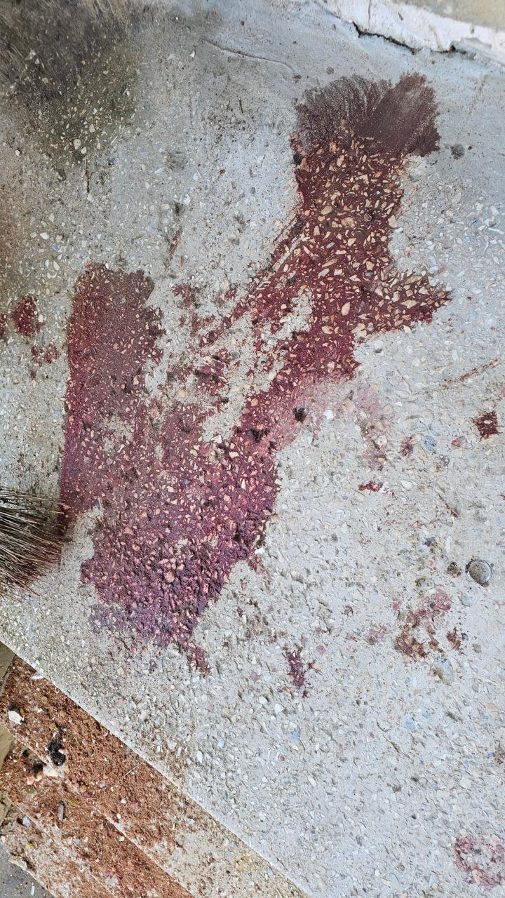 Темно-червона пляма розлитої рідини на бетонній поверхні, яку намагаються прибрати мітлою.