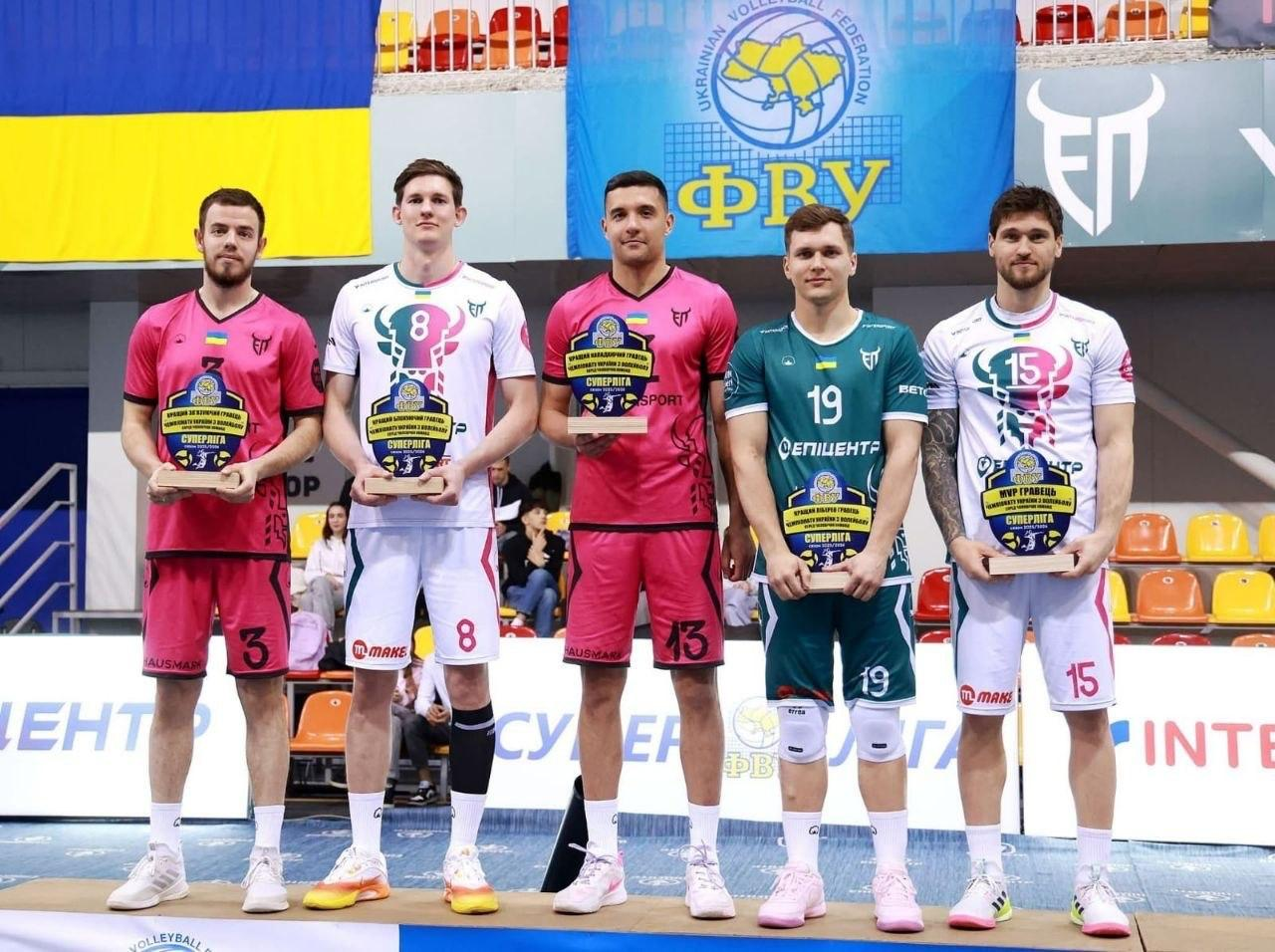 П’ятеро волейболістів у спортивній формі стоять на п’єдесталі з нагородами в руках на фоні символіки Федерації волейболу України.