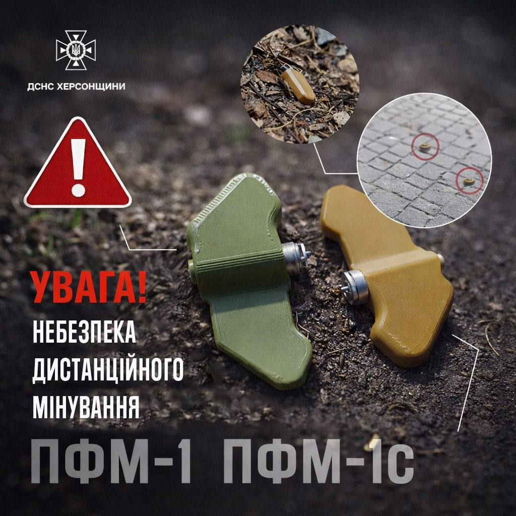 Попередження ДСНС про мінну небезпеку. На зображенні показано протипіхотні міни ПФМ-1 («пелюстки») та приклади того, як вони маскуються на місцевості.