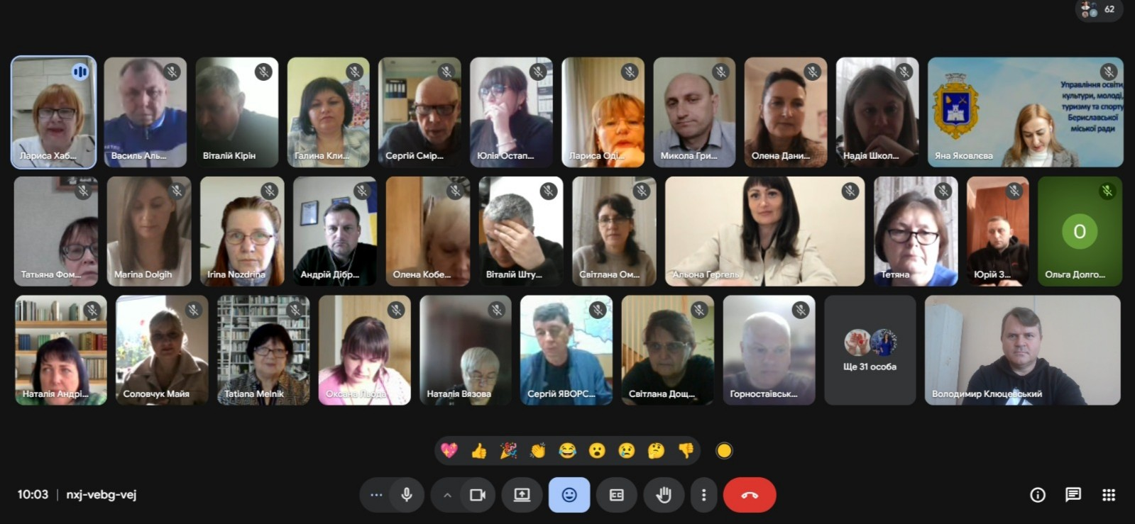 Скриншот групової відеозустрічі в Google Meet, де на екрані одночасно відображаються вікна з багатьма учасниками. Внизу розташована панель керування дзвінком із кнопками мікрофона, камери та іконками емодзі-реакцій.