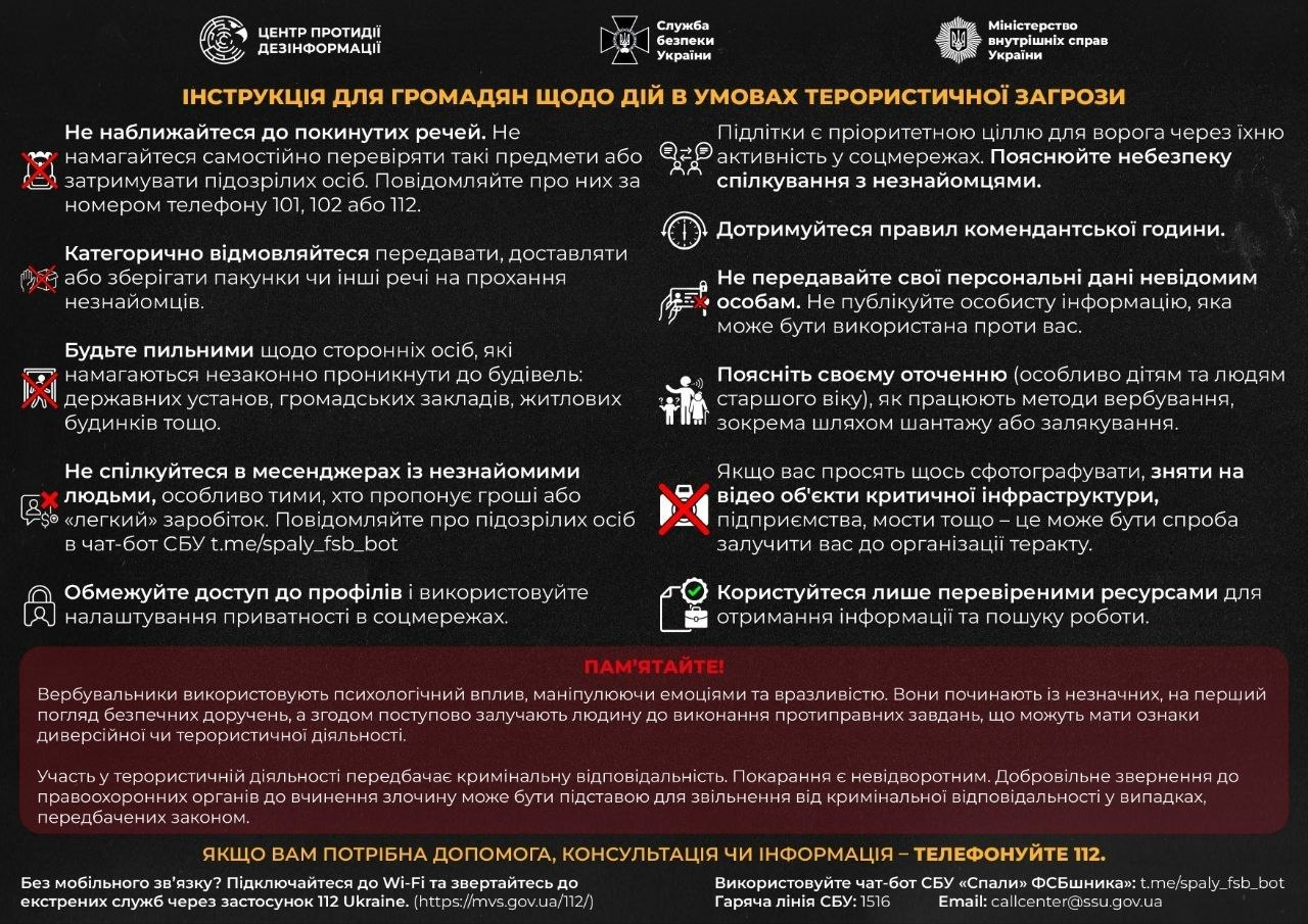 Інфографіка з правилами безпеки для громадян в умовах терористичної загрози. Містить ключові поради щодо підозрілих предметів, кібербезпеки та контакти екстрених служб.