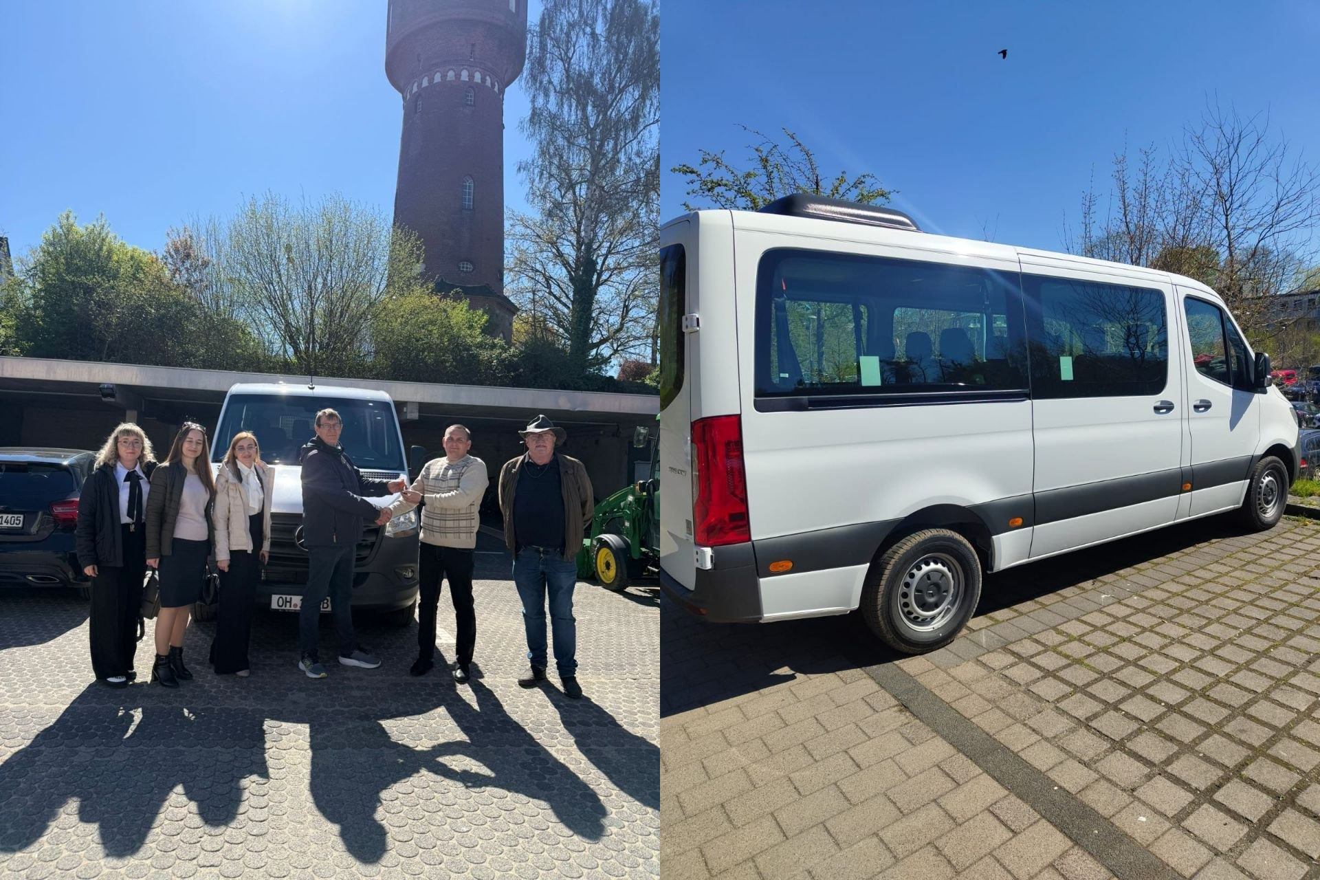 Колаж із двох фото: зліва група людей стоїть біля мікроавтобуса на тлі високої цегляної вежі, двоє чоловіків потискають руки; справа — той самий білий мікроавтобус крупним планом на парковці під сонячним небом.