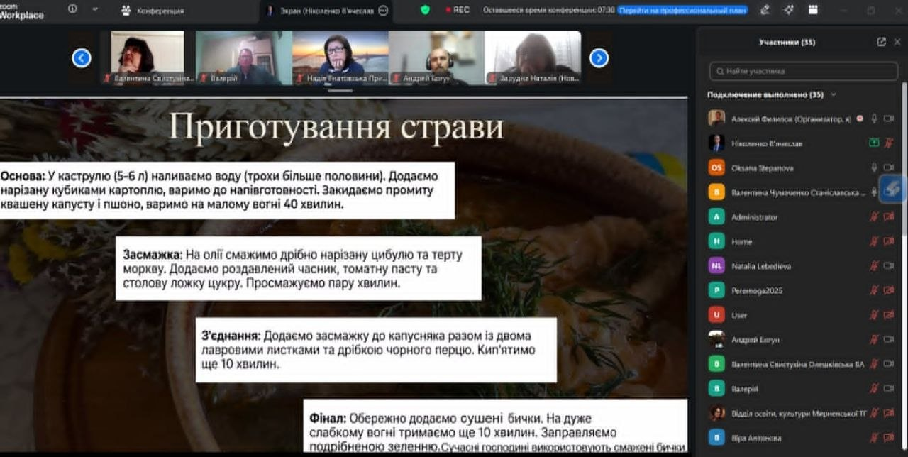 Скриншот онлайн-конференції, на якому демонструється презентація з рецептом «Приготування страви» (капусняку). На екрані видно текст із покроковою інструкцією, список учасників зустрічі та мініатюри вікон із відео.
