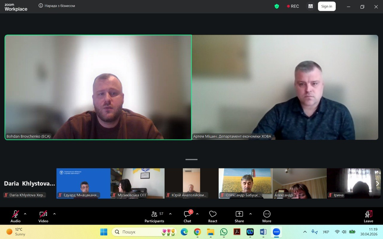 Скриншот онлайн-наради у Zoom Workplace під назвою «Нарада з бізнесом». На екрані видно вікна з відеоучасниками, серед яких двоє головних доповідачів та рядок із мініатюрами інших присутніх.
