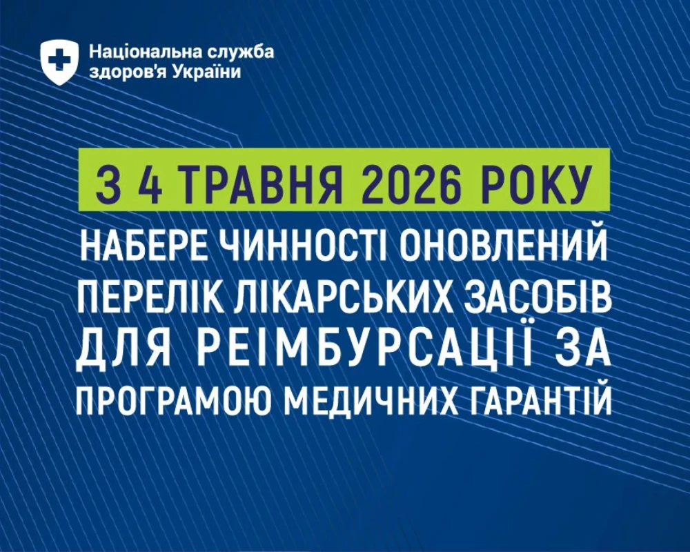 Графіка НСЗУ на синьому фоні з текстом: «З 4 травня 2026 року набере чинності оновлений перелік лікарських засобів для реімбурсації за програмою медичних гарантій». Дата виділена зеленим.