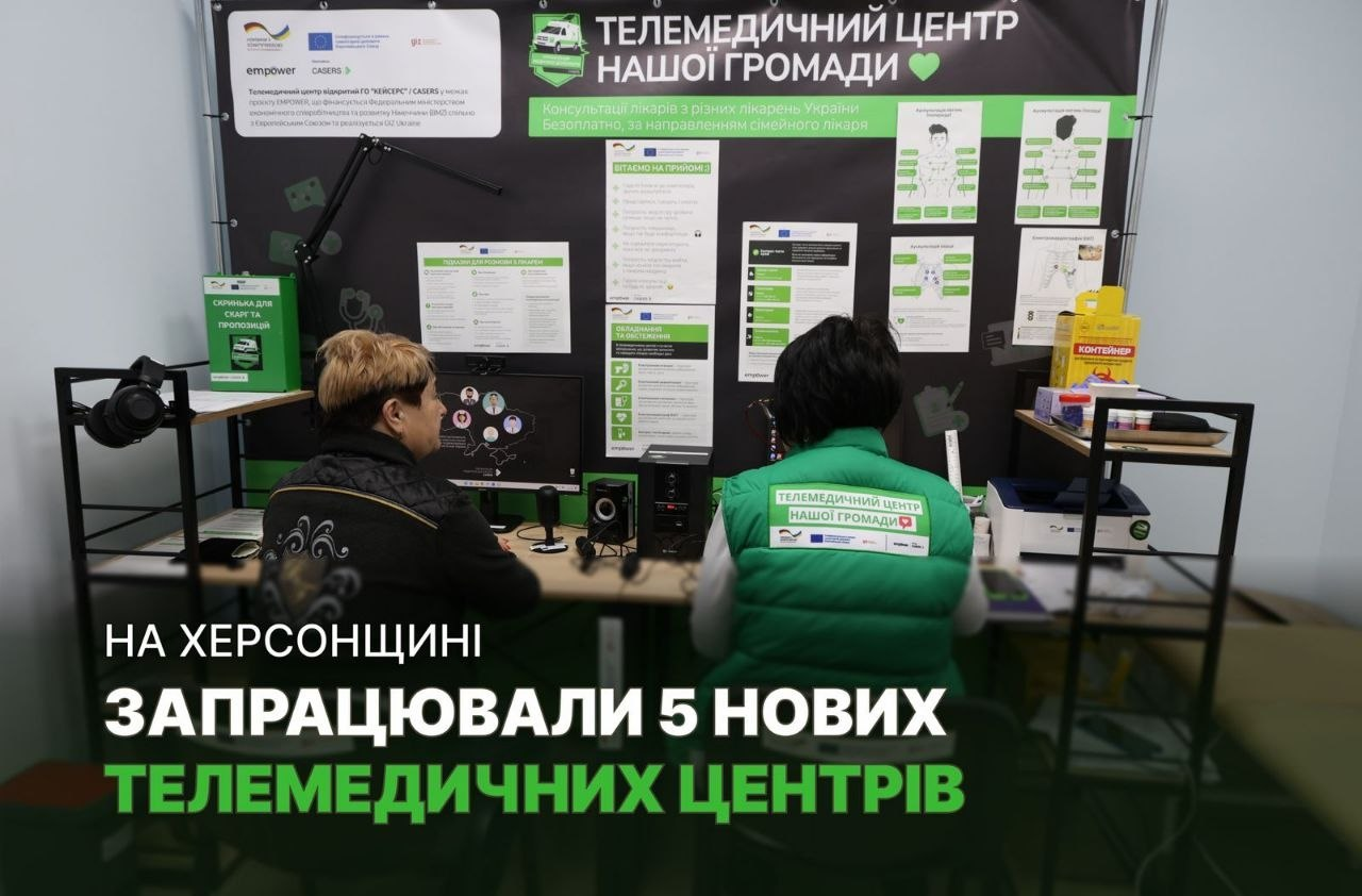 Робоче місце в телемедичному центрі на Херсонщині з працівниками за комп'ютерами та інформаційними стендами. Напис повідомляє про відкриття 5 нових центрів у регіоні.