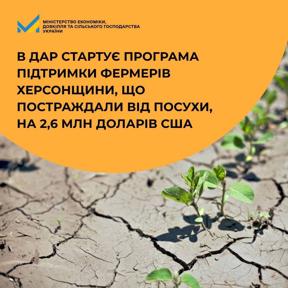 Банер Мінекономіки про програму підтримки фермерів Херсонщини на 2,6 млн доларів. Ліворуч розміщено помаранчеве коло з текстом оголошення, праворуч — зелений паросток на потрісканій сухій землі.