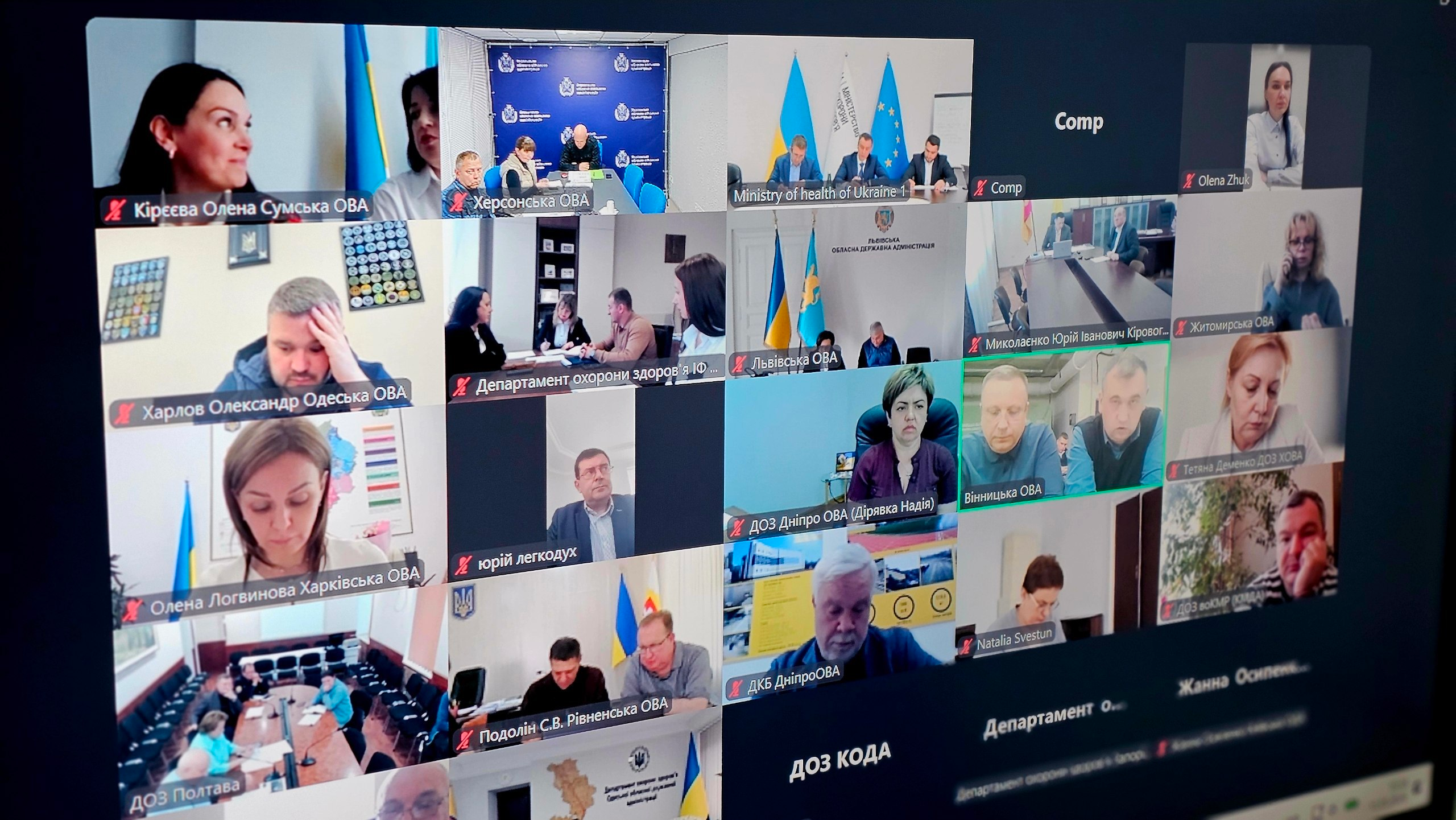 Інтерфейс масштабної онлайн-наради у форматі відеоконференції на екрані комп'ютера. На моніторі відображено сітку з численними вікнами учасників — представників різних відомств та регіонів, які перебувають у робочих кабінетах на тлі державних прапорів.