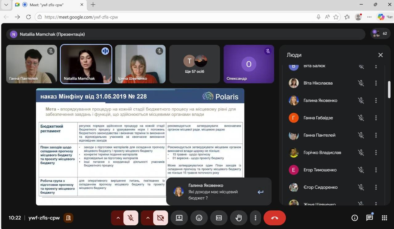 Скриншот онлайн-наради в Google Meet, де демонструється слайд презентації з таблицею про бюджетний регламент. Навколо слайда розташовані вікна учасників відеозустрічі та бічний список присутніх.