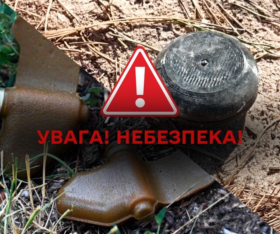 Інформаційне попередження про мінну небезпеку із червоним трикутним знаком оклику та великим написом «УВАГА! НЕБЕЗПЕКА!». На задньому плані зображено колаж із протипіхотних мін (зокрема міни «Пелюстка» та ПФМ-1) на землі серед сухої трави та хвої.