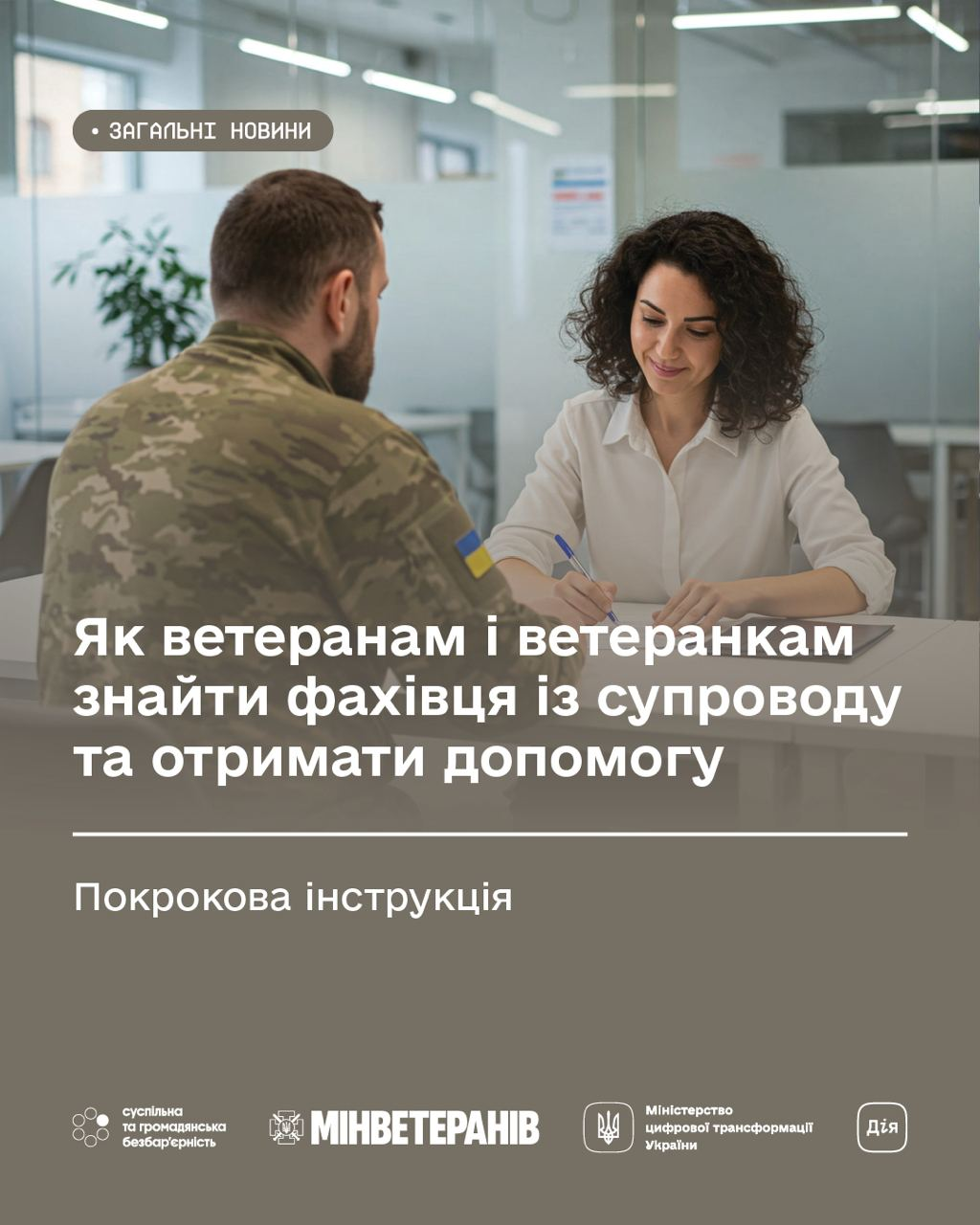 Інформаційна картка Мінветеранів та Мінцифри з покроковою інструкцією для ветеранів щодо пошуку фахівця із супроводу. На фото — чоловік у військовій формі спілкується з жінкою-консультанткою за столом.