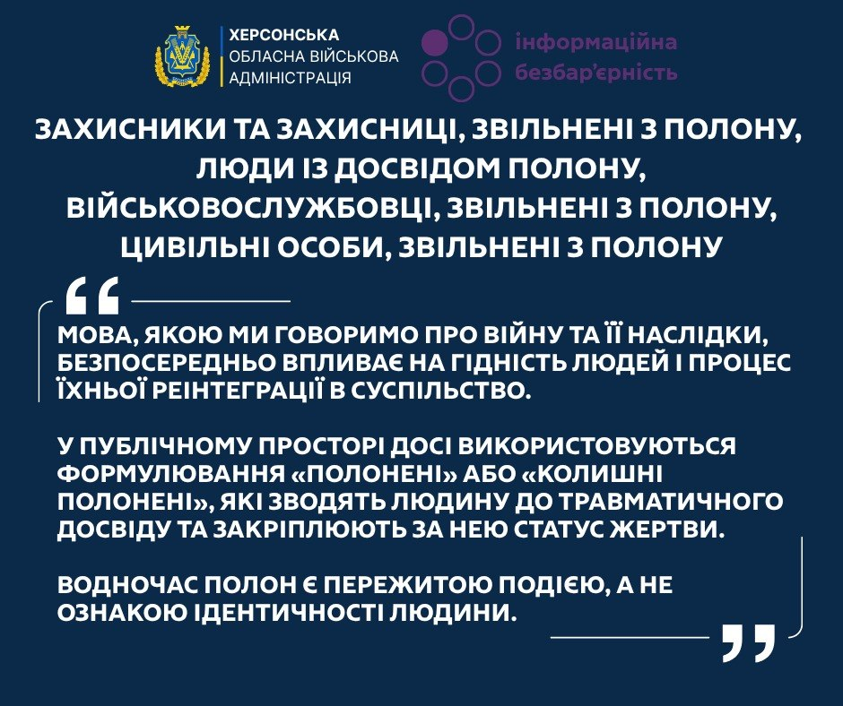 Інфографіка Херсонської ОВА про безбар'єрність у мові та коректні терміни щодо людей із досвідом полону, доповнена роз'яснювальною цитатою на темно-синьому тлі.