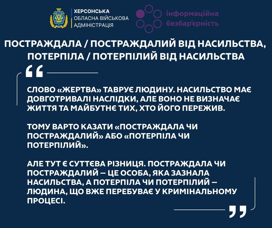 Інфографіка Херсонської обласної військової адміністрації з порадами щодо коректної термінології у сфері безбар'єрності. Текст на темно-синьому фоні пояснює різницю між вживанням термінів «постраждала/постраждалий від насильства» та «потерпіла/потерпілий від насильства».
