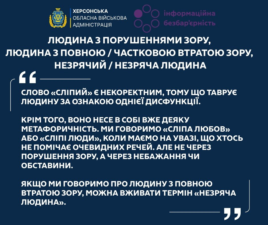 Інформаційна картка Херсонської ОВА про коректну термінологію щодо людей з порушеннями зору. Текст на синьому фоні пояснює некоректність слова «сліпий» та пропонує варіант «незряча людина».