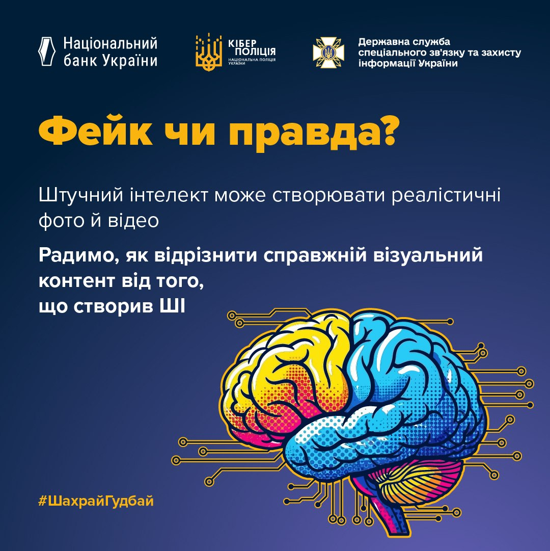 Інформаційна графіка «Фейк чи правда?» від НБУ, Кіберполіції та Держспецзв'язку із зображенням мозку-мікросхеми. Текст присвячений тому, як відрізнити справжній візуальний контент від створеного штучним інтелектом.