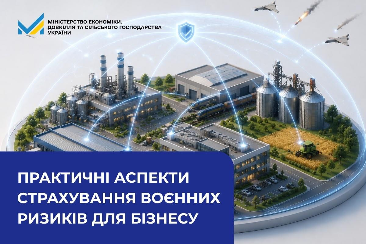 Інформаційний банер із написом «ПРАКТИЧНІ АСПЕКТИ СТРАХУВАННЯ ВОЄННИХ РИЗИКІВ ДЛЯ БІЗНЕСУ» на тлі 3D-ілюстрації промислових та аграрних об'єктів під захисним куполом.