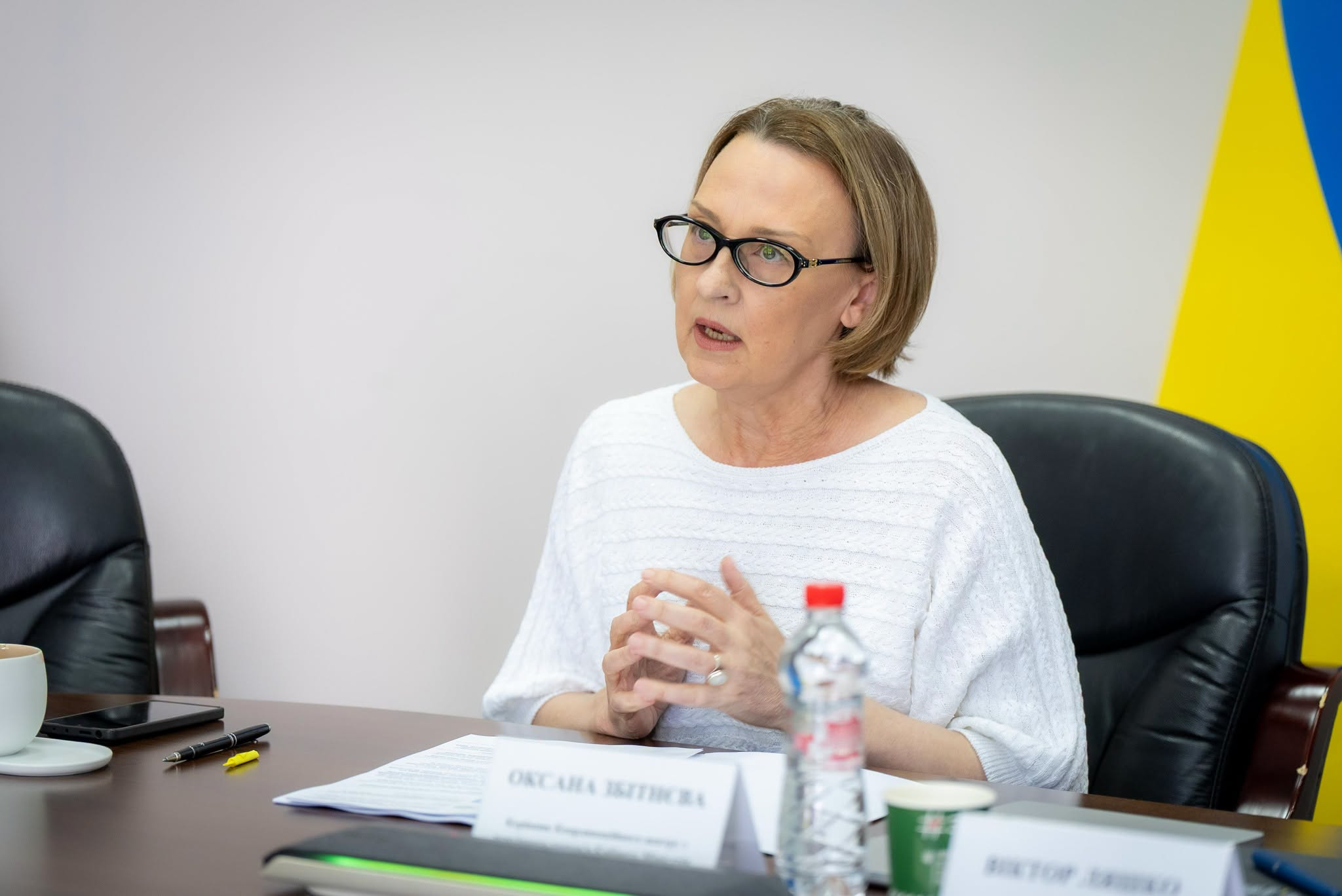 Жінка в окулярах та світлій кофті сиді за столом під час офіційної зустрічі, склавши руки перед собою, на тлі прапора України.
