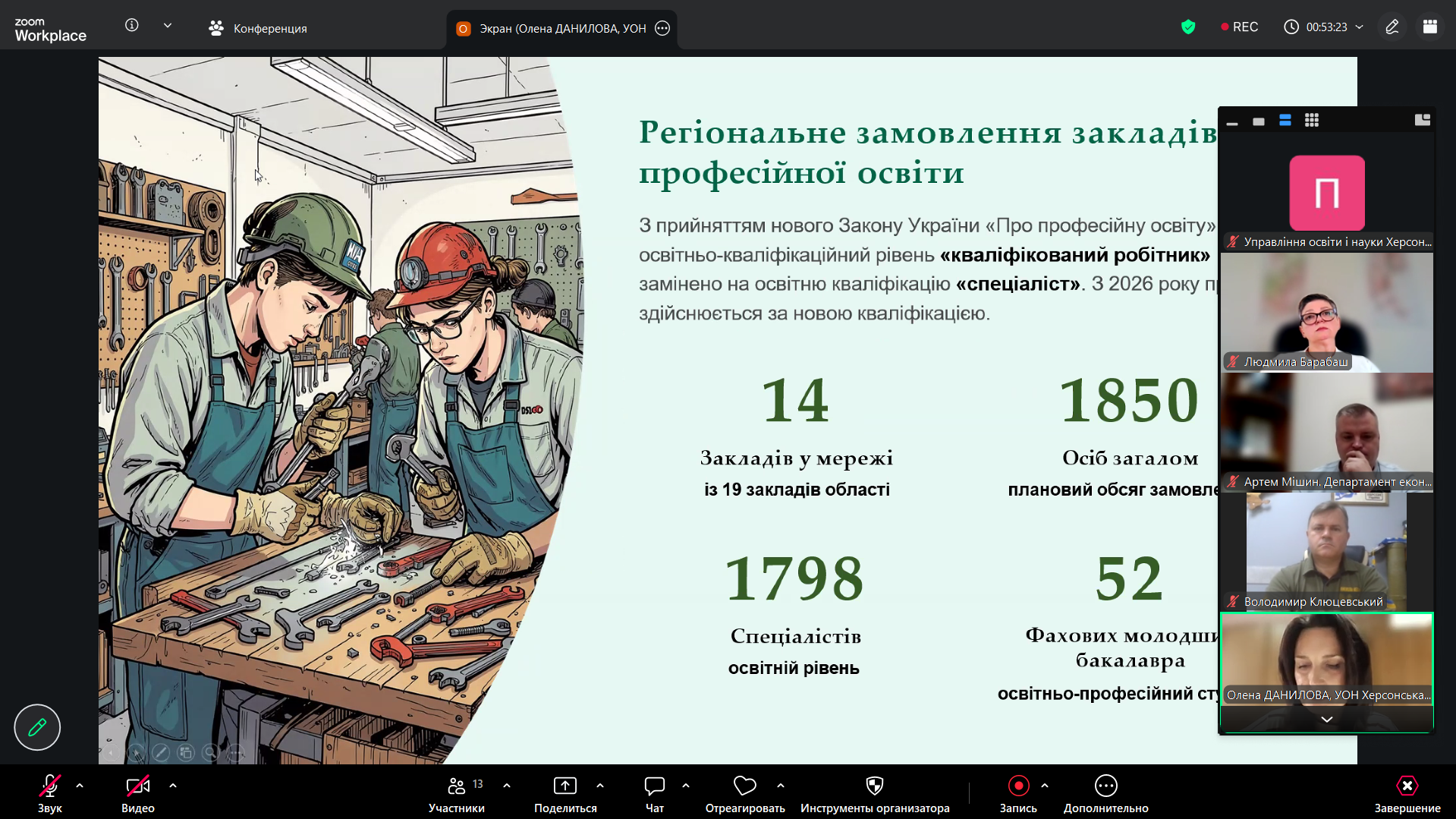Скриншот онлайн-наради в Zoom із демонстрацією презентації про регіональне замовлення закладів професійної освіти, де на слайді зображено тематичний малюнок робітників у майстерні, великі цифрові показники з підписами, а праворуч у вертикальному рядку виведено вікна учасників відеоконференції.