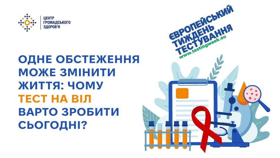 Інформаційний банер із заголовком «ОДНЕ ОБСТЕЖЕННЯ МОЖЕ ЗМІНИТИ ЖИТТЯ: ЧОМУ ТЕСТ НА ВІЛ ВАРТО ЗРОБИТИ СЬОГОДНІ?», медичною ілюстрацією з мікроскопом, пробірками та червоною стрічкою, а також логотипами «Центру громадського здоров'я» та «Європейського тижня тестування».