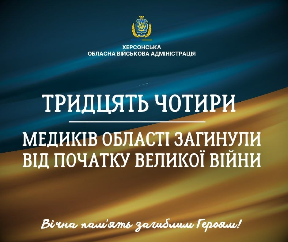 Постер пам'яті від Херсонської обласної військової адміністрації на тлі синьо-жовтого прапора з текстом: «Тридцять чотири медиків області загинули від початку великої війни. Вічна пам'ять загиблим Героям!».