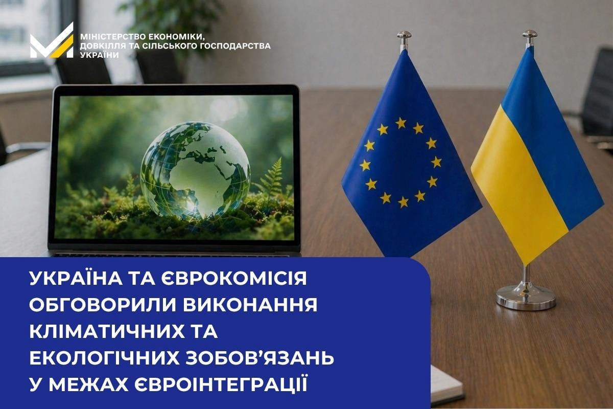 Ноутбук із зображенням скляної кулі-глобуса на фоні зелені, що стоїть на столі поруч із настільними прапорцями Європейського Союзу та України. На передньому плані розміщено плашку з текстом про обговорення кліматичних зобов'язань у межах євроінтеграції.