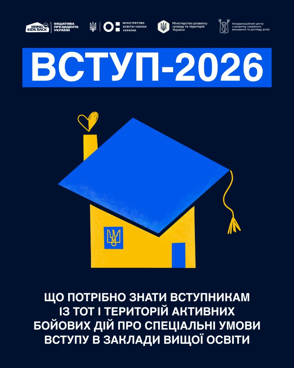 Інформаційний банер на темно-синьому тлі з написом «ВСТУП-2026» та графічним зображенням будівлі закладу освіти у вигляді академічної шапки. Нижче розміщено текст про спеціальні умови вступу для абітурієнтів із ТОТ та територій активних бойових дій.