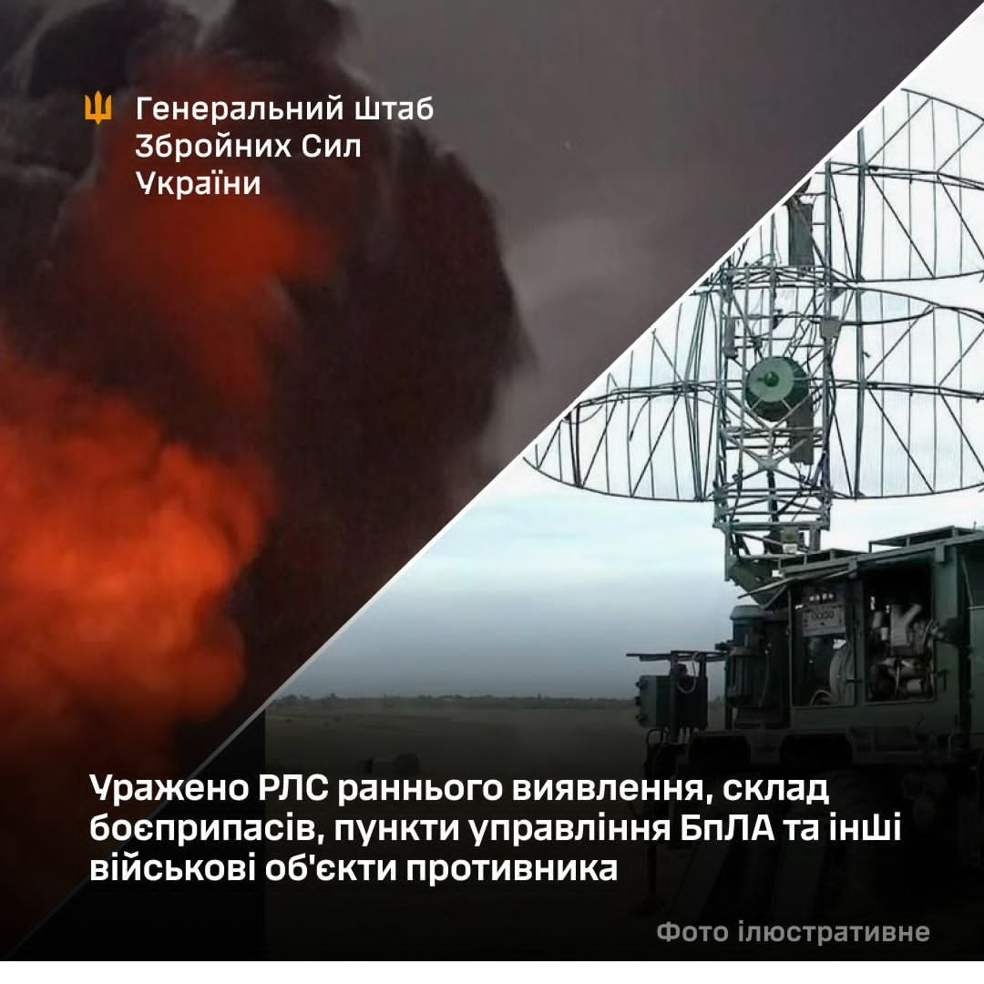 Ілюстративне зображення Генерального Штабу ЗСУ, розділене по діагоналі: ліворуч показано вибух і вогонь, праворуч — військову радіолокаційну станцію (РЛС). Угорі розміщено герб ЗСУ, а внизу — текст про ураження об'єктів противника.