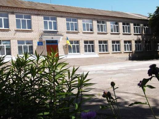 Двоповерхова цегляна будівля Широкобалківського ліцею Станіславської сільської ради Херсонської області у сонячний день. Біля центрального входу встановлено прапор України та офіційну вивіску. Перед ліцеєм розташоване асфальтоване подвір'я, а на передньому плані ростуть зелені кущі та квіти.
