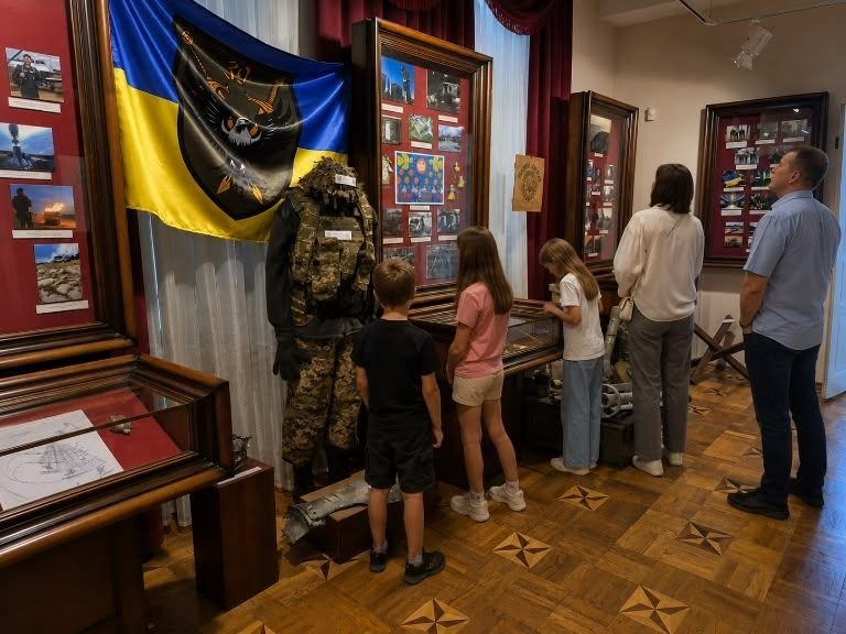 Переселенці беруть участь у тематичній бесіді «Поза межами конвенцій: воєнні злочини росіян проти полонених» в історичному музеї. Дорослі та троє дітей розглядають експозицію про сучасну російсько-українську війну, де представлені дерев'яні вітрини зі світлинами, військове маскування та уламки зброї. На стіні висить синьо-жовтий прапор України з емблемою військового підрозділу.