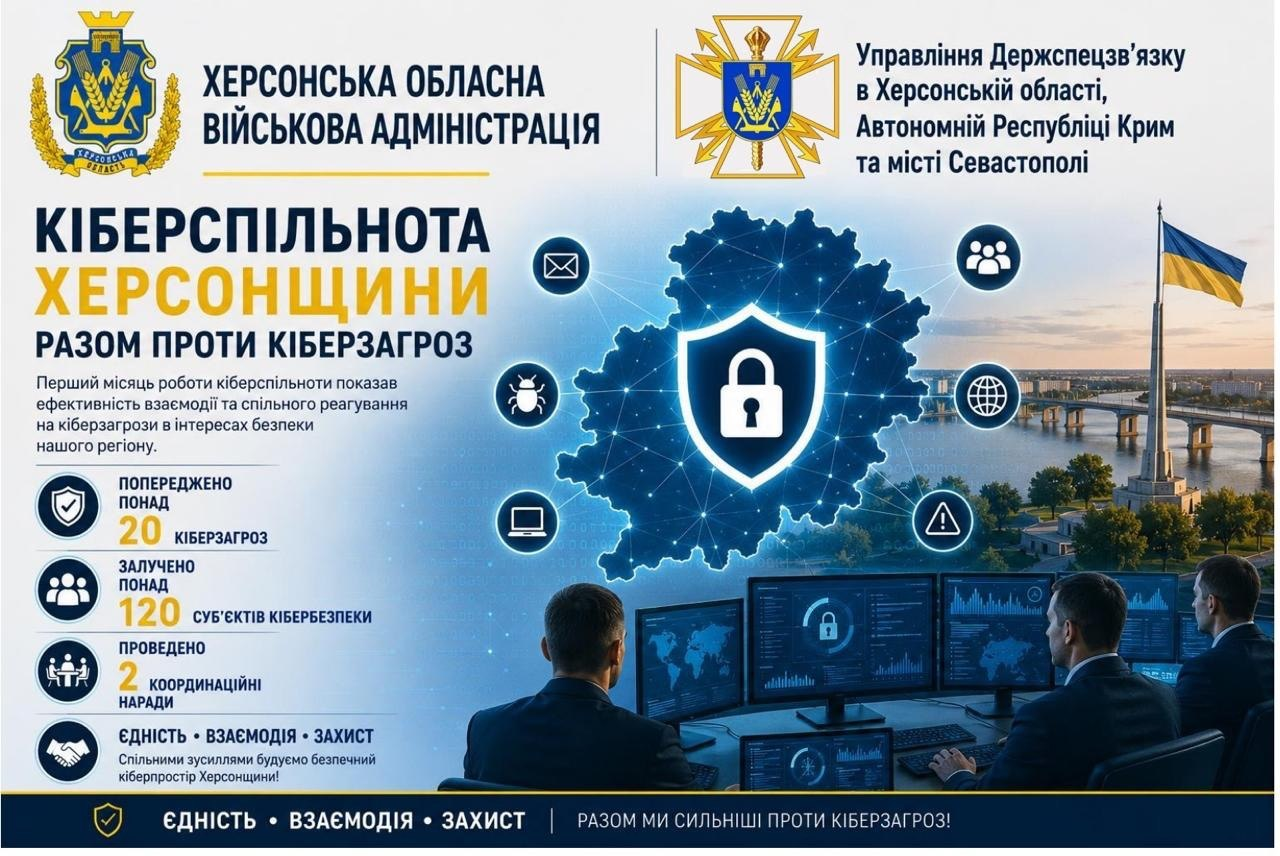 Інформаційний банер «Кіберспільнота Херсонщини: разом проти кіберзагроз» з логотипами Херсонської ОВА та Держспецзв'язку. На плакаті наведено статистику роботи: понад 20 попереджених кіберзагроз, понад 120 залучених суб'єктів та 2 наради. Візуальна частина містить карту області із символом захисту, прапор України та трьох кіберфахівців за моніторами.